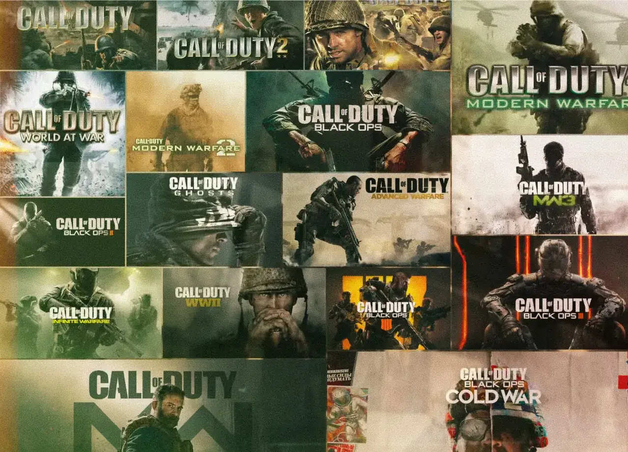 Kolaż okładek gier z serii Call of Duty: World at War, Modern Warfare, Black Ops, Ghosts, Infinite Warfare, WWII, Advanced Warfare, Black Ops Cold War i innych.