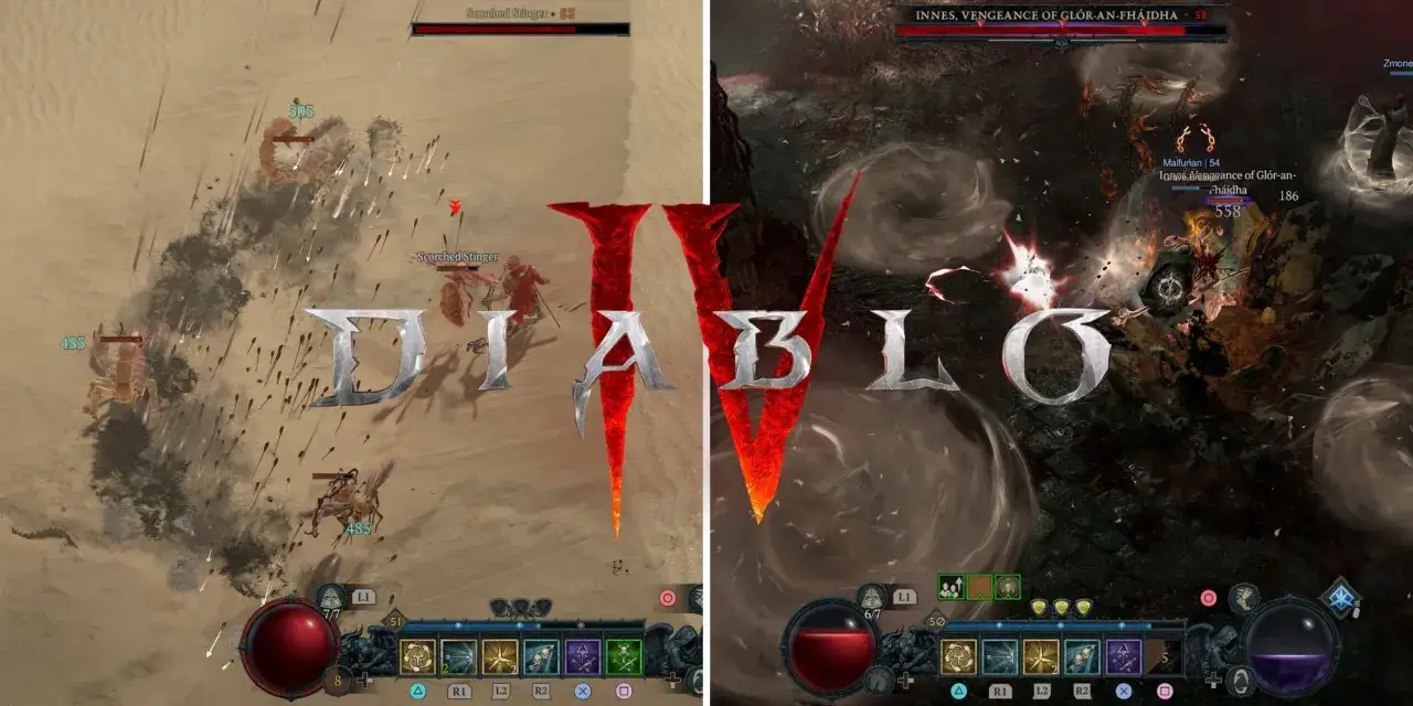 Diablo 4: łotr build w akcji. Po lewej pustynna walka z insektami, po prawej mroczna potyczka z potężnym bossem.