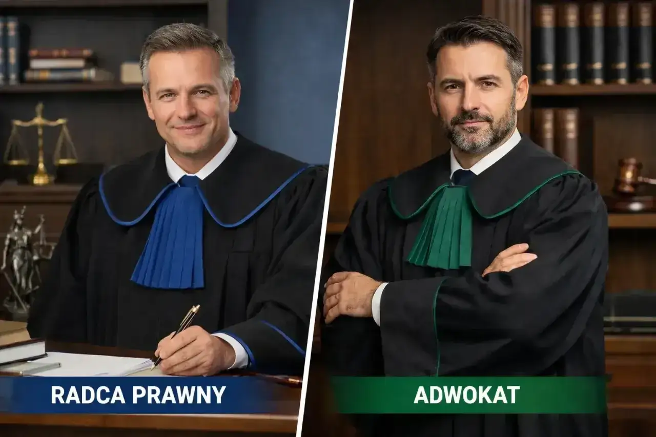 Dwaj prawnicy w togach: radca prawny po lewej, adwokat po prawej. Obaj wyglądają profesjonalnie w swoich strojach prawniczych.