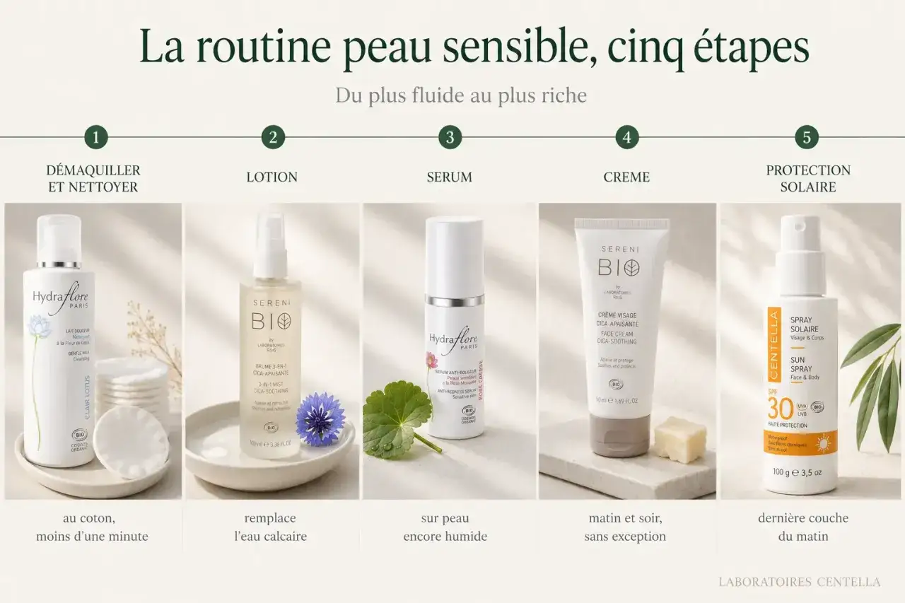 Routine peau sensible : démaquiller, lotion, sérum, crème, protection solaire. Faut-il se laver le visage le matin ? Cette routine en 5 étapes répond à la question.
