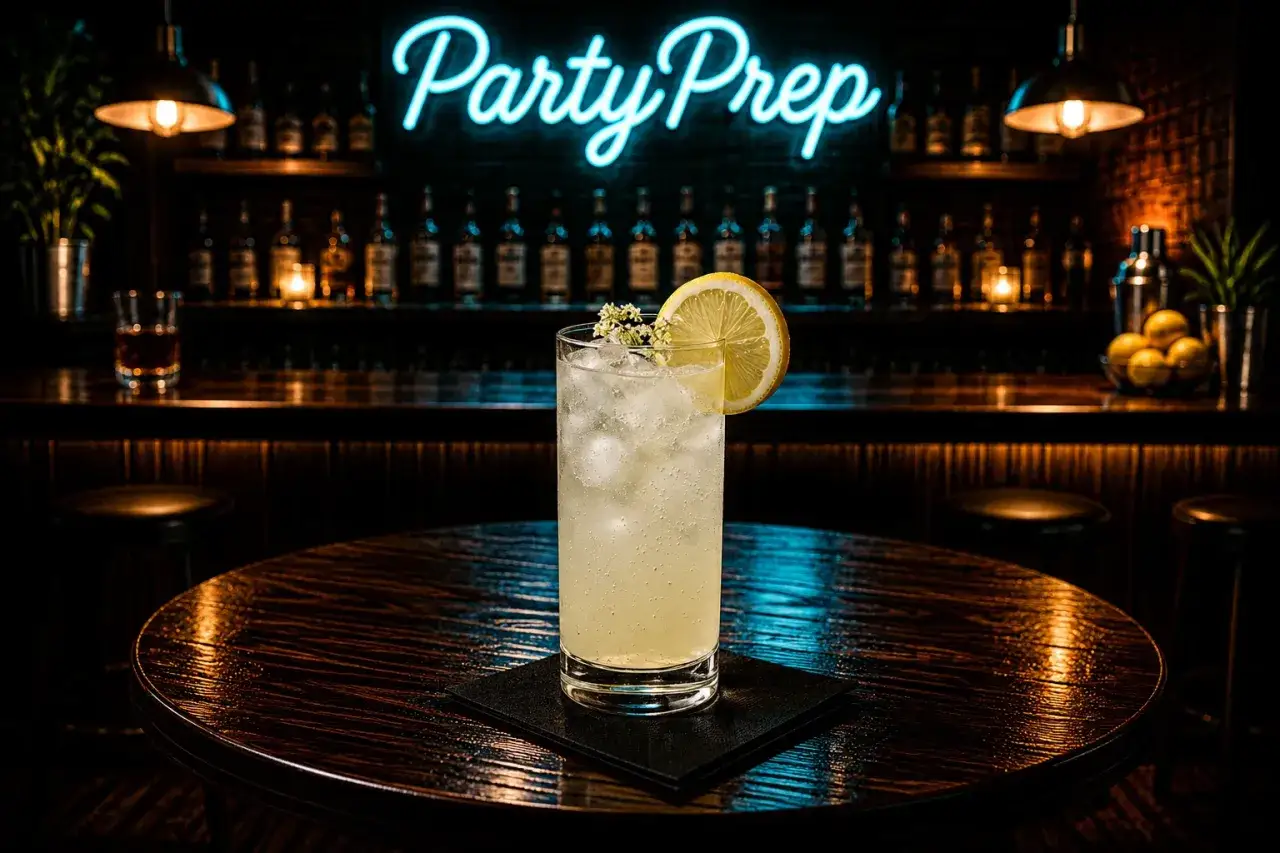 En uppfriskande p2 drink med citron och is st&aring;r p&aring; ett m&ouml;rkt tr&auml;bord. Bakom syns en bar med neonskylten 