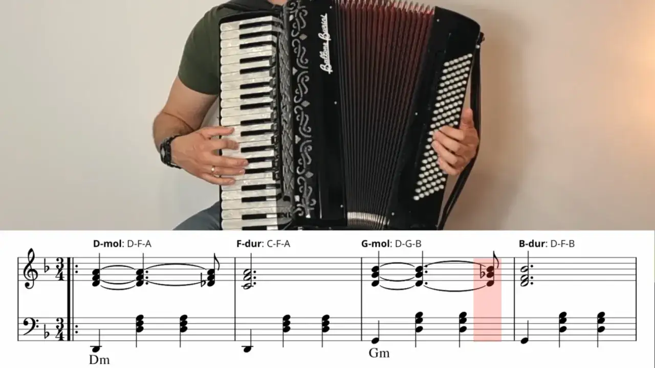 Osoba gra na akordeonie, a pod spodem nuty pokazują akordy. Akordeon jaki to instrument? To instrument dęty klawiszowy.