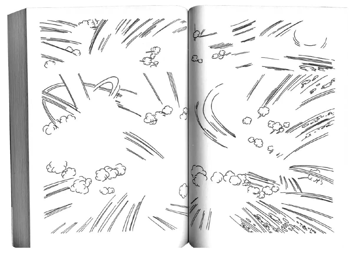 Croquis de bandes dessin&eacute;es montrant des lignes de vitesse et des formations nuageuses, &eacute;voquant le mouvement et l'action.
