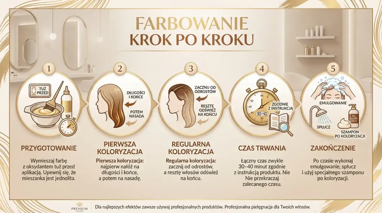 Jak długo trzymać farbę na włosach? Instrukcja krok po kroku: przygotowanie, pierwsza koloryzacja, regularna koloryzacja, czas trwania (30-40 min), zakończenie.