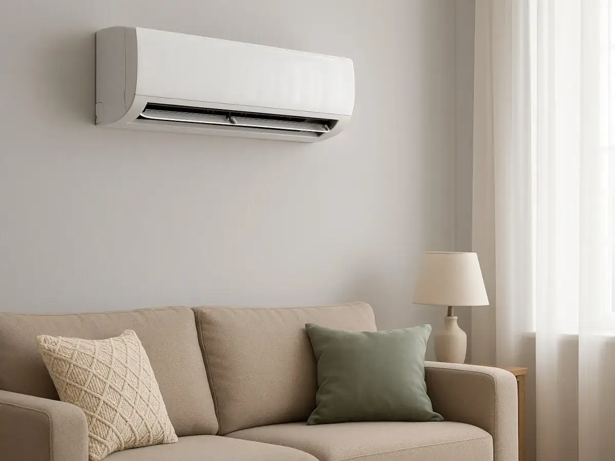Unidad de aire acondicionado en pared, ideal para saber como poner la calefacci&oacute;n en casa y disfrutar de un ambiente c&aacute;lido.