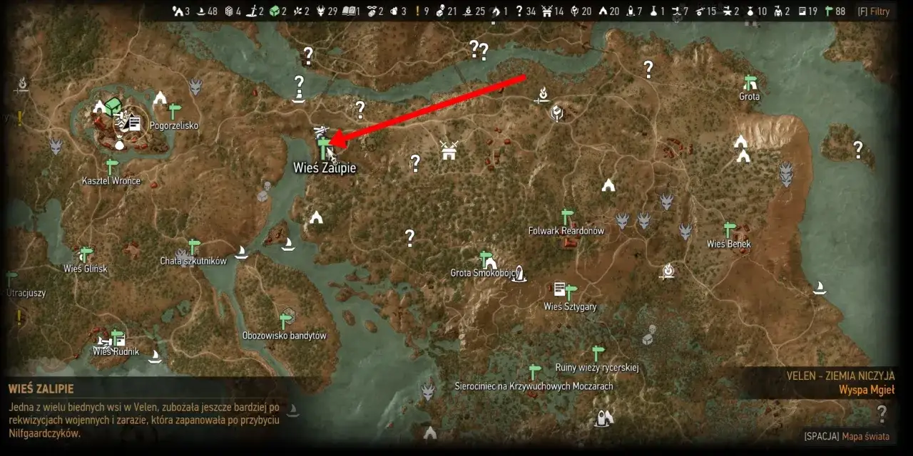 Mapa Velen z zaznaczoną wsią Zalipie i czerwoną strzałką wskazującą drogę. Szukasz tu rynsztunku szkoły żmii?