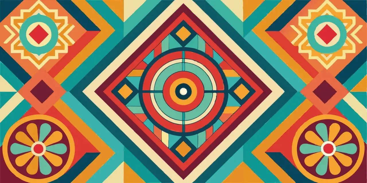 Kolorowa, geometryczna mandala z centralnym okręgiem i symetrycznymi wzorami.