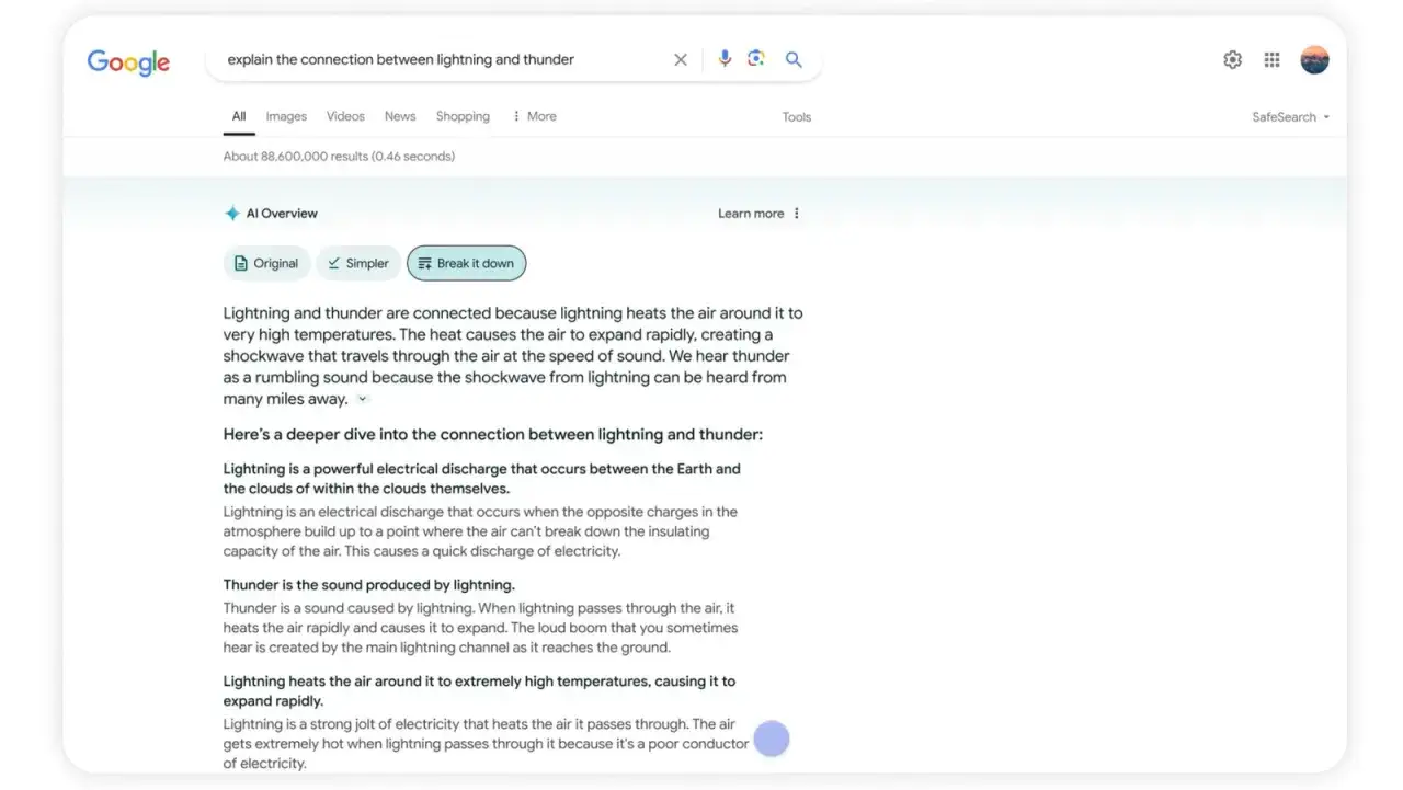 Wynik wyszukiwania Google z podsumowaniem AI wyjaśniającym związek między błyskawicą a grzmotem. Nie ma tu opcji jak zablokować AI w Google.
