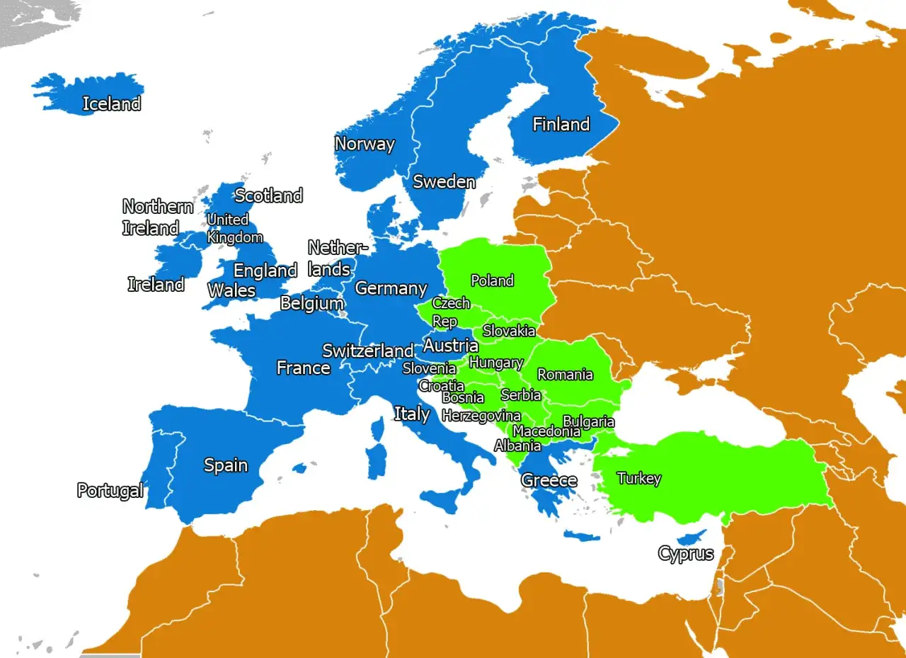 Mapa Europy z zaznaczonymi krajami. Europa Zachodnia to m.in. Portugalia, Hiszpania, Francja, Wielka Brytania, Irlandia, Niemcy, Belgia, Holandia.