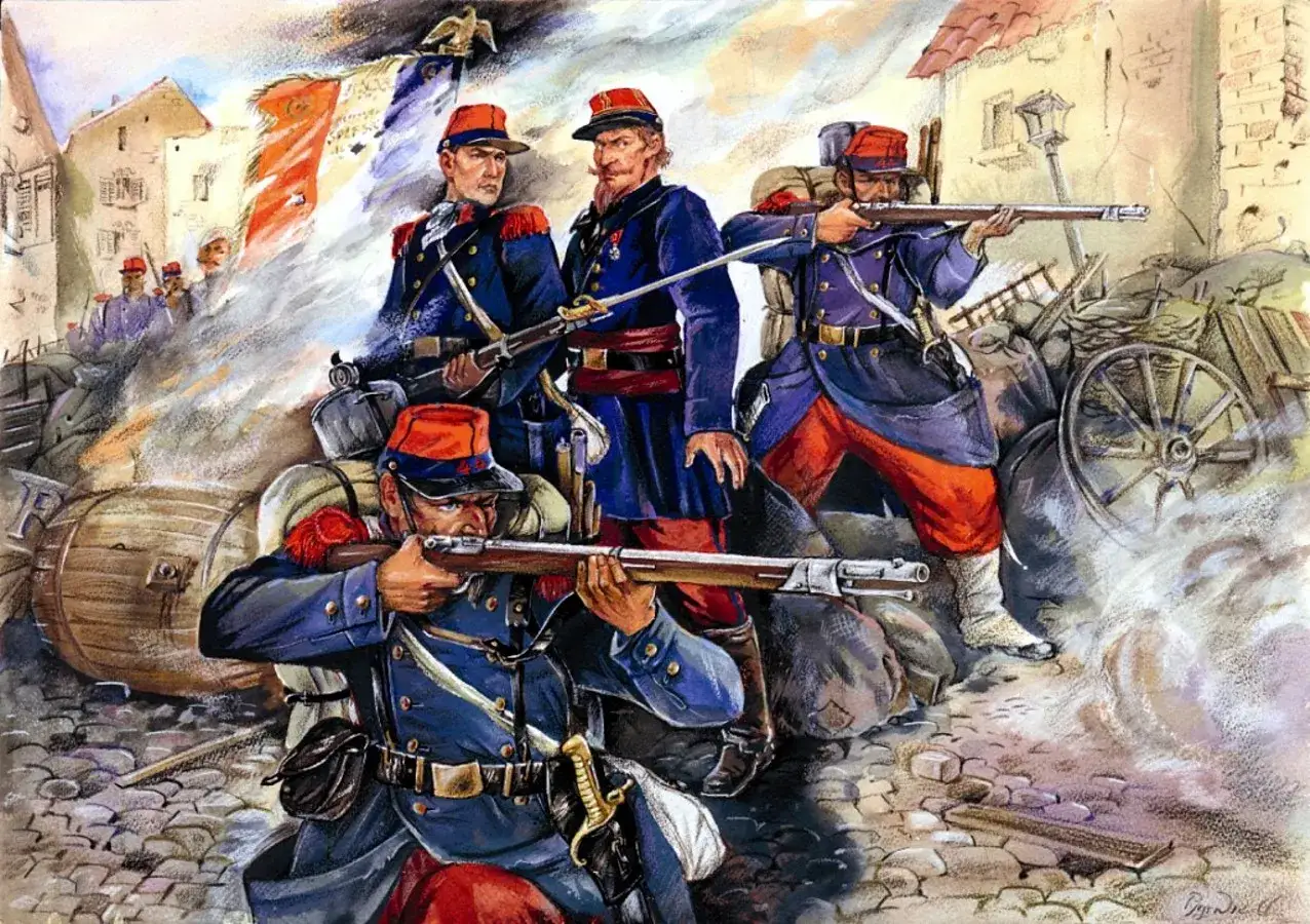 Soldados franceses en uniforme azul y rojo, listos para la batalla de Sedán, con rifles y bandera tricolor ondeando.