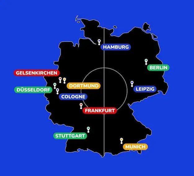 Mapa Niemiec z zaznaczonymi miastami gospodarzami MŚ piłki ręcznej 2027