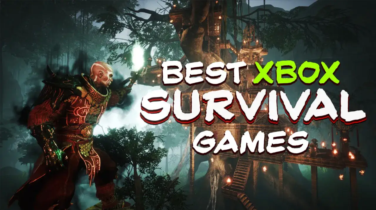 Postać w zbroi z magicznym mieczem na tle mistycznego lasu i budowli na drzewie. Najlepsze gry survival Xbox.