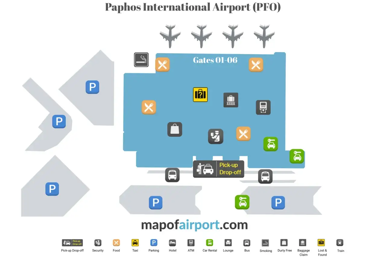 Planujesz podróż na Cypr? Mapa lotniska w Pafos pokazuje bramki, parkingi, punkty gastronomiczne i inne udogodnienia.