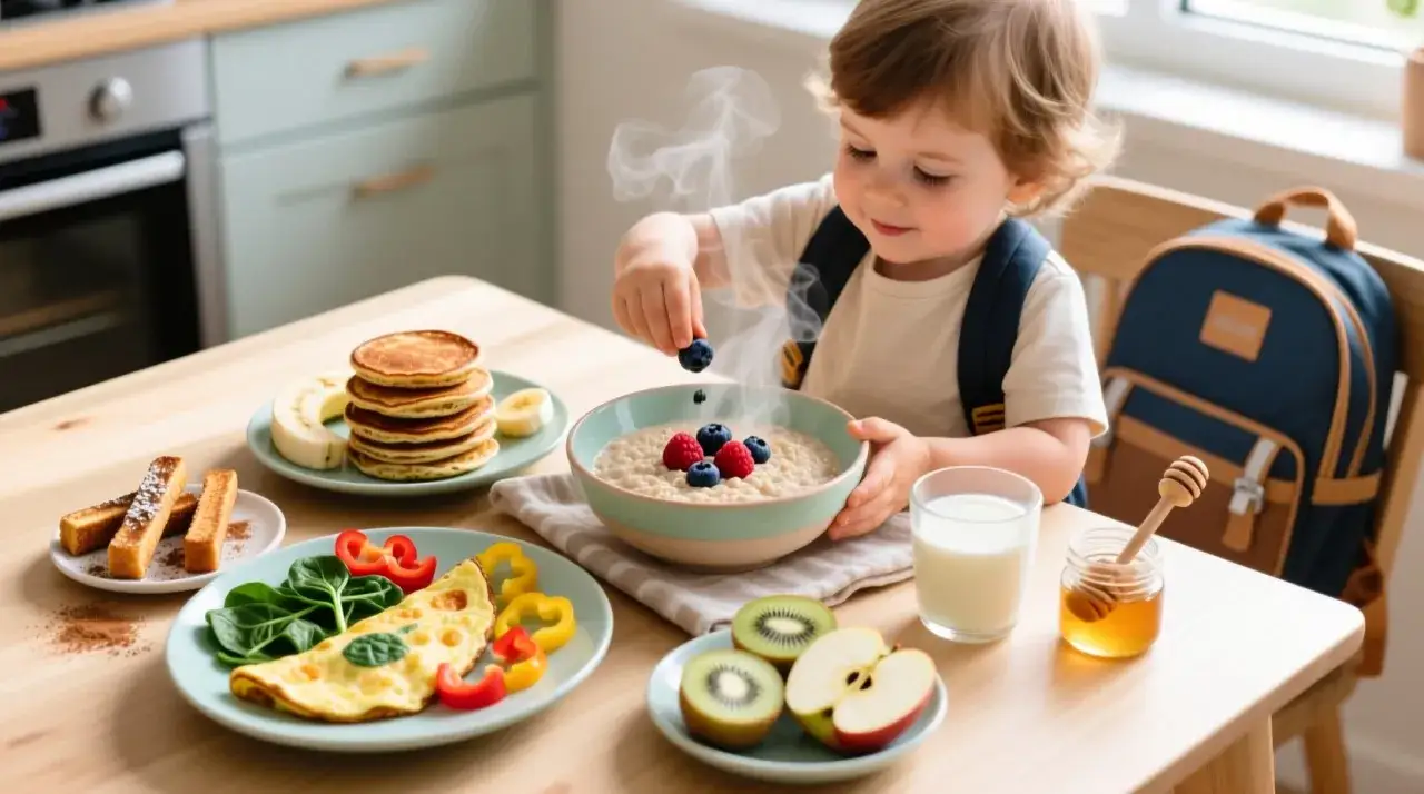 Mały chłopiec dodaje jagody do parującej owsianki. Na stole pyszne śniadanie dla dziecka: naleśniki, omlet, owoce i mleko.