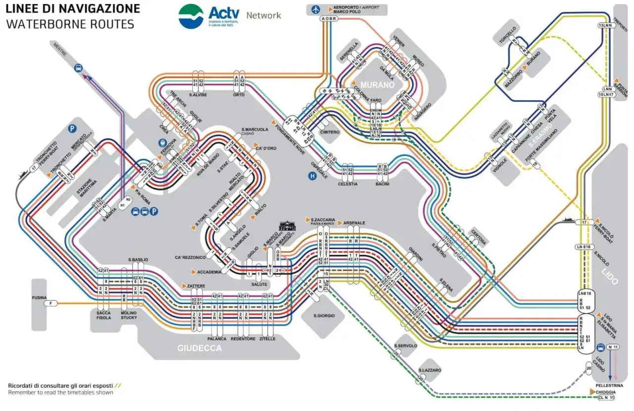 Carte des lignes de navigation &agrave; Venise, incluant les trajets en bateau vers Chioggia.