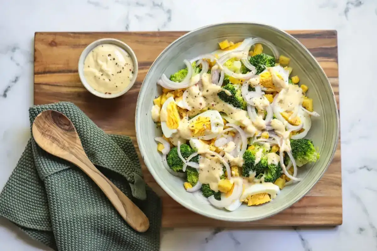 Ein köstlicher gekochter Brokkoli-Salat mit Eiern, Zwiebeln und Mais, beträufelt mit cremiger Sauce.