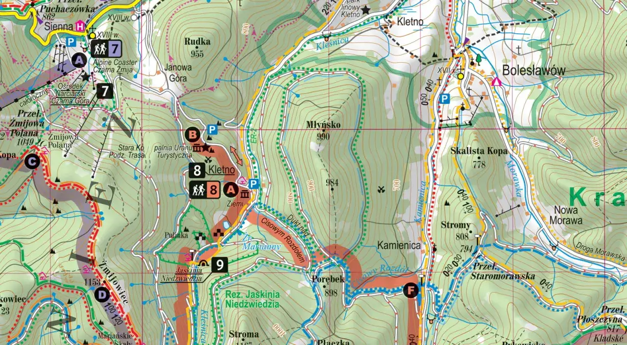 Mapa turystyczna z Kletna i okolic, ukazująca szlaki, stoki narciarskie i punkty widokowe w górach.