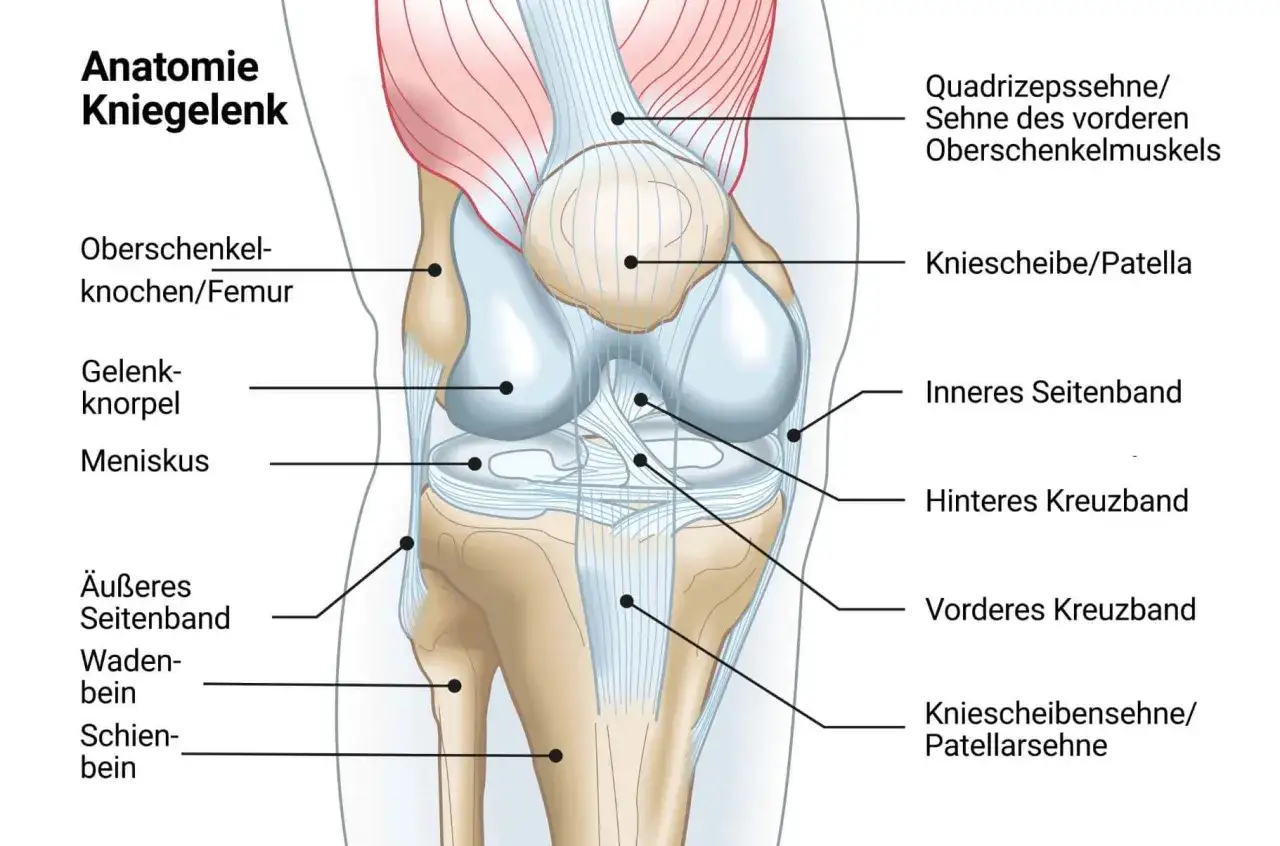 Anatomie des Kniegelenks: Femur, Patella, Kreuzbänder, Seitenbänder. Mögliche Ursache für Schmerzen Knie Innenseite ohne Schwellung.