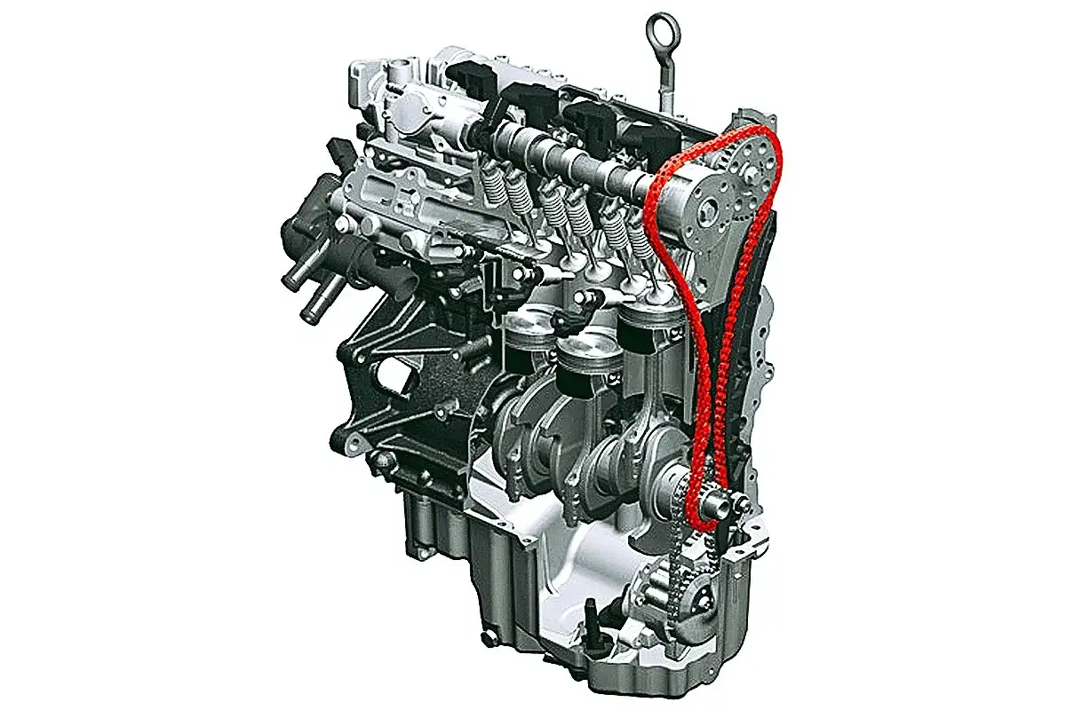 Schnittbild eines 1.5 TSI Motors mit sichtbarer Steuerkette. Mögliche Probleme mit der Steuerkette sind hier gut erkennbar.