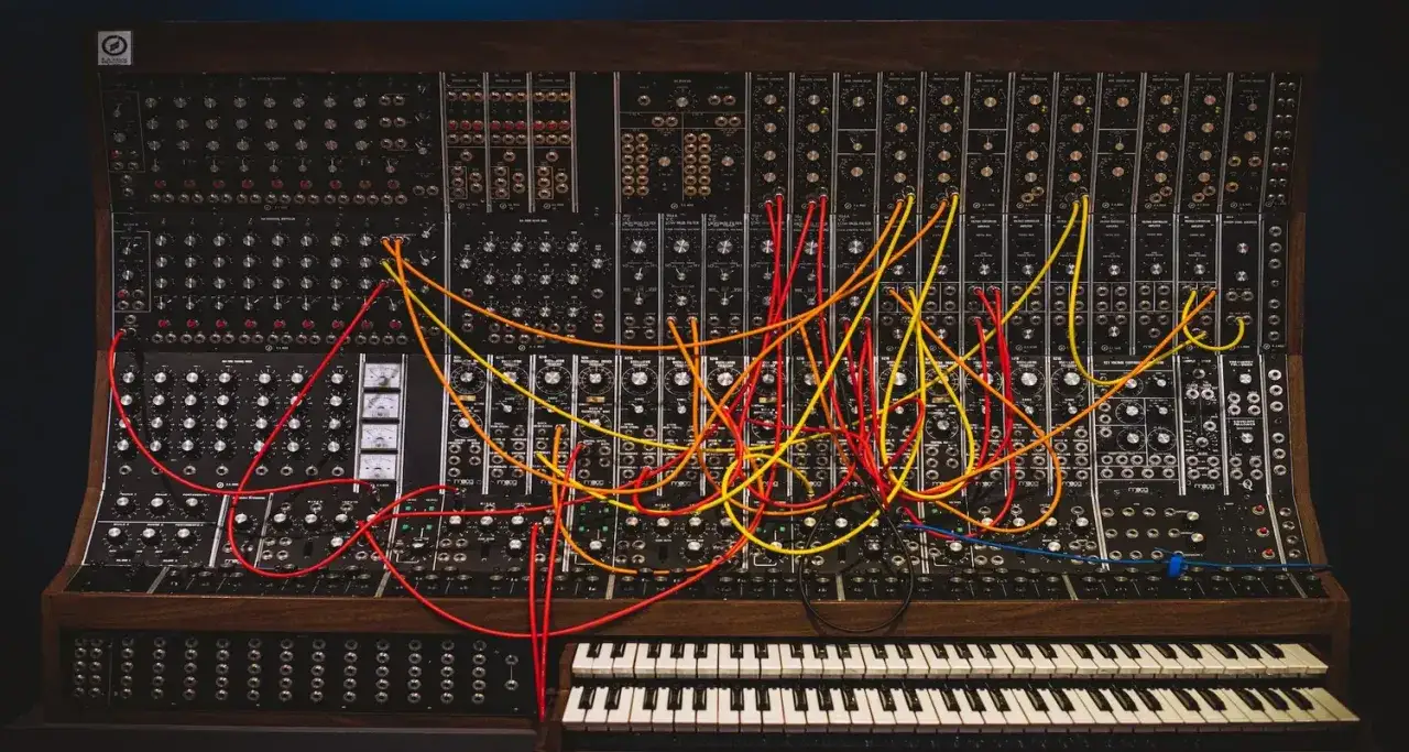 Modularny syntezator Moog z mn&oacute;stwem kabli, gotowy do tworzenia najlepszej muzyki elektronicznej.