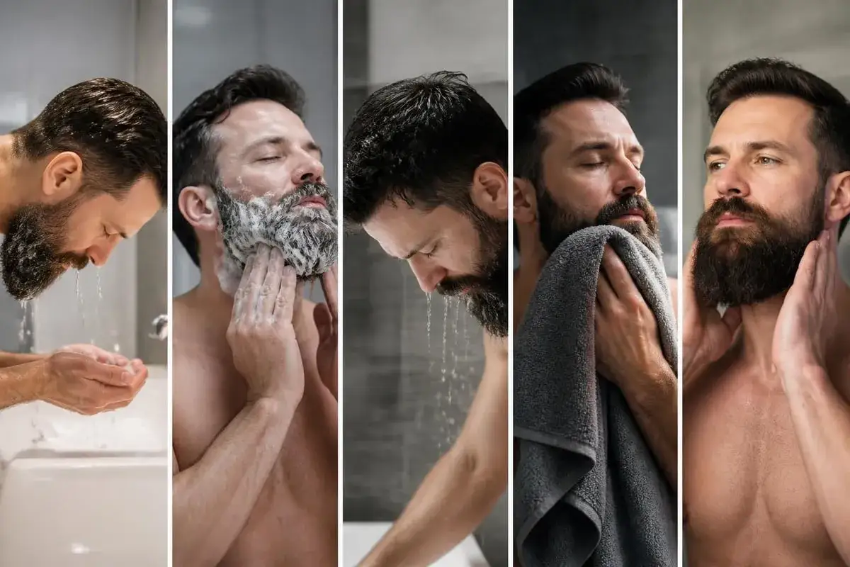 Homme se lavant le visage, appliquant de la mousse, rin&ccedil;ant et s&eacute;chant sa barbe. La texture de ses cheveux et de sa barbe est soign&eacute;e.