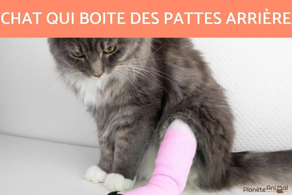 Un chat gris aux yeux tristes porte un bandage rose à la patte arrière. Il boite, mais espère vite retrouver sa mobilité.