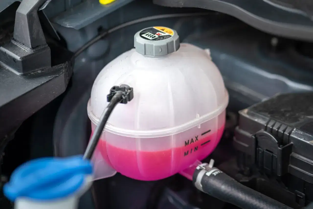 Dep&oacute;sito de expansi&oacute;n con l&iacute;quido refrigerante rosa. Indica el nivel m&aacute;ximo y m&iacute;nimo.
