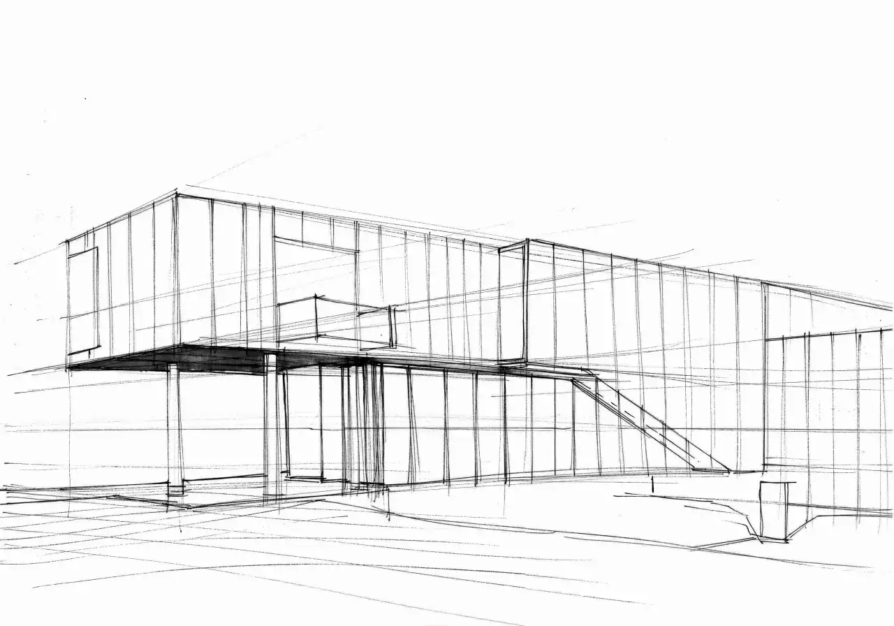 Szkic nowoczesnego budynku z przeszklonymi fasadami i tarasem. To wizja architektury studia online, gdzie przestrzeń i światło odgrywają kluczową rolę.