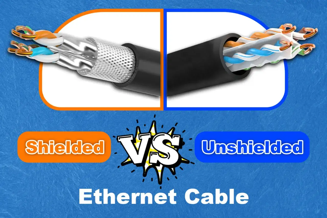 Comparaci&oacute;n visual de cables Ethernet: FTP (blindado) con malla met&aacute;lica vs. UTP (no blindado) con solo aislamiento.