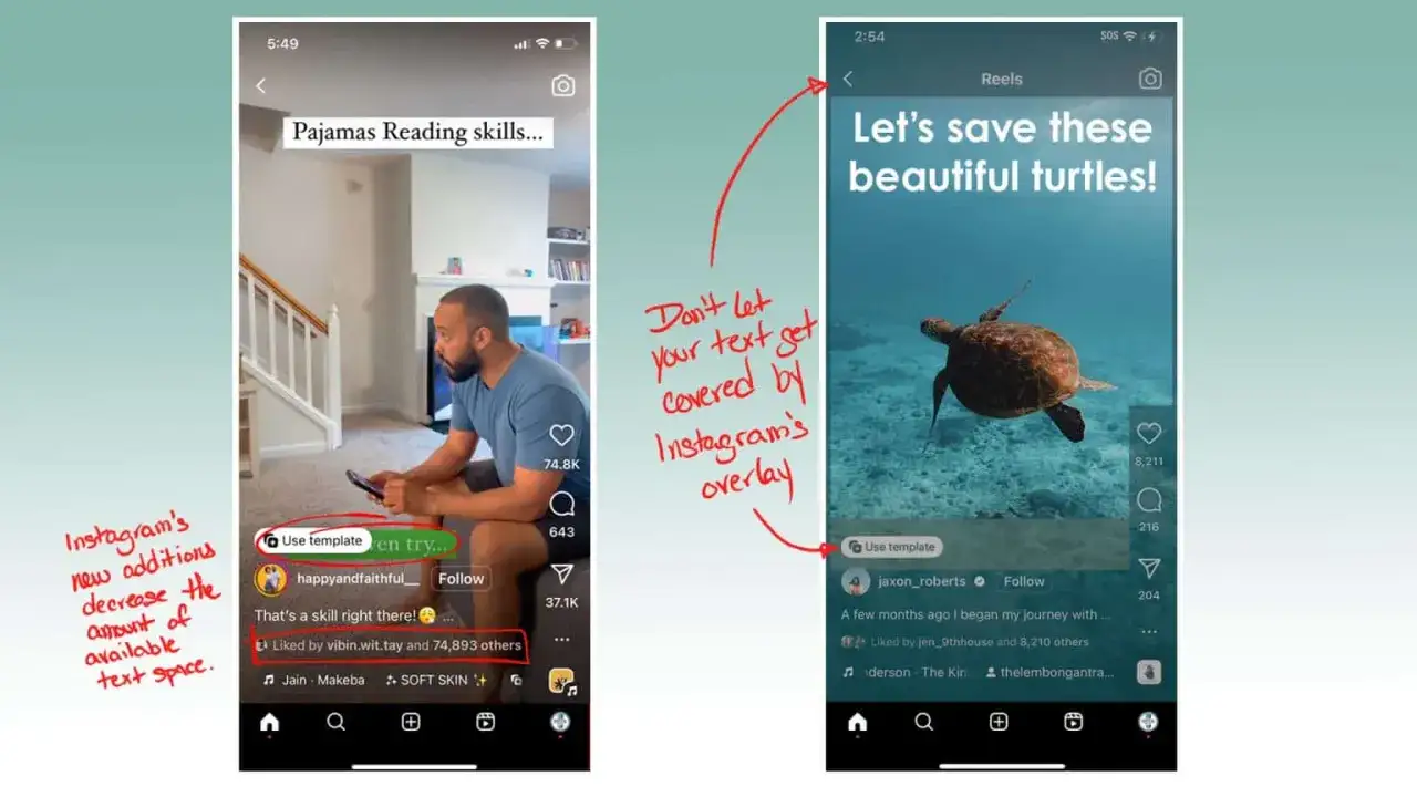 Tv&aring; sk&auml;rmdumpar av Instagram-inl&auml;gg. Till v&auml;nster en man som tittar p&aring; sin telefon, till h&ouml;ger en havssk&ouml;ldpadda i havet. R&ouml;da anteckningar p&aring; bilden ger tips om hur man undviker att texten t&auml;cks av Instagrams overlay i insta reels.