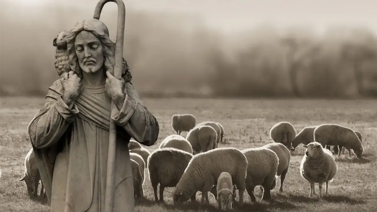 Kamienna rzeźba Dobrego Pasterza z owcą na ramionach, przypominająca psalm 23, stoi na tle stada owiec pasących się na łące.