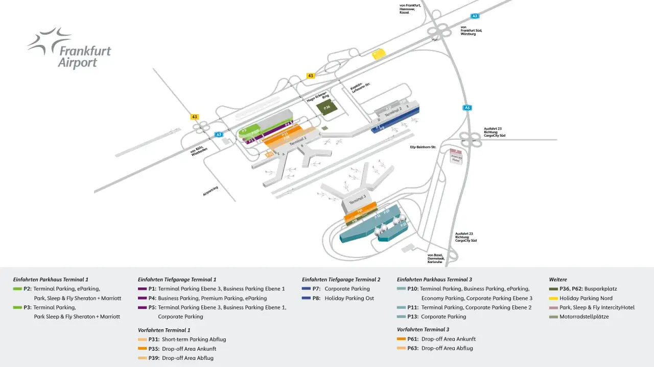Frankfurt Flughafen Parken Kurzzeit: Übersicht der Parkmöglichkeiten an Terminal 1, 2 und 3, inklusive Kurzzeitparken und Drop-off-Bereichen.