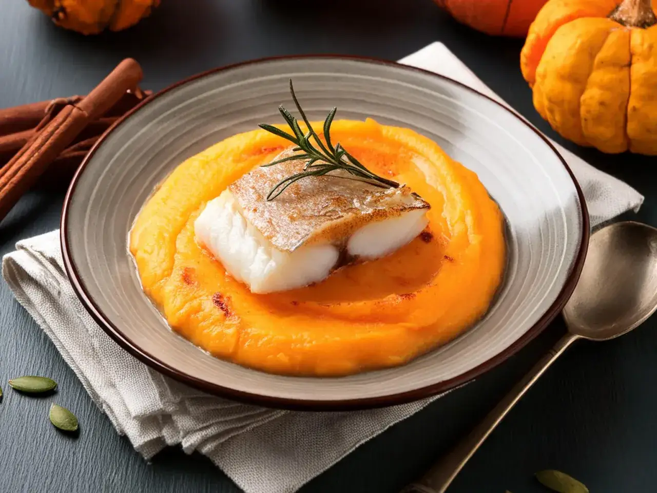 Un d&eacute;licieux filet de lieu jaune, po&ecirc;l&eacute; et servi sur une pur&eacute;e de courge orang&eacute;e, garni d'une branche de romarin.