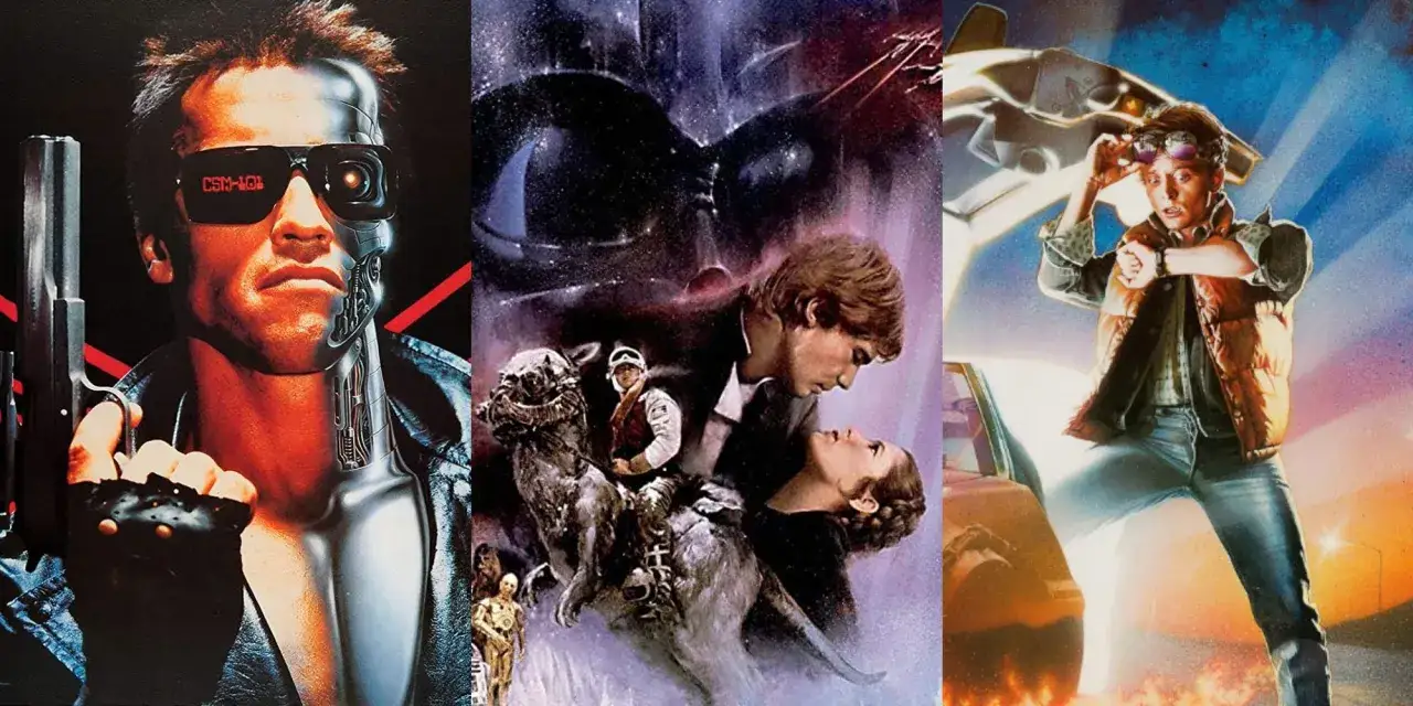 Kultowe filmy sci-fi lat 80.: Terminator, Gwiezdne Wojny i Powrót do przyszłości.