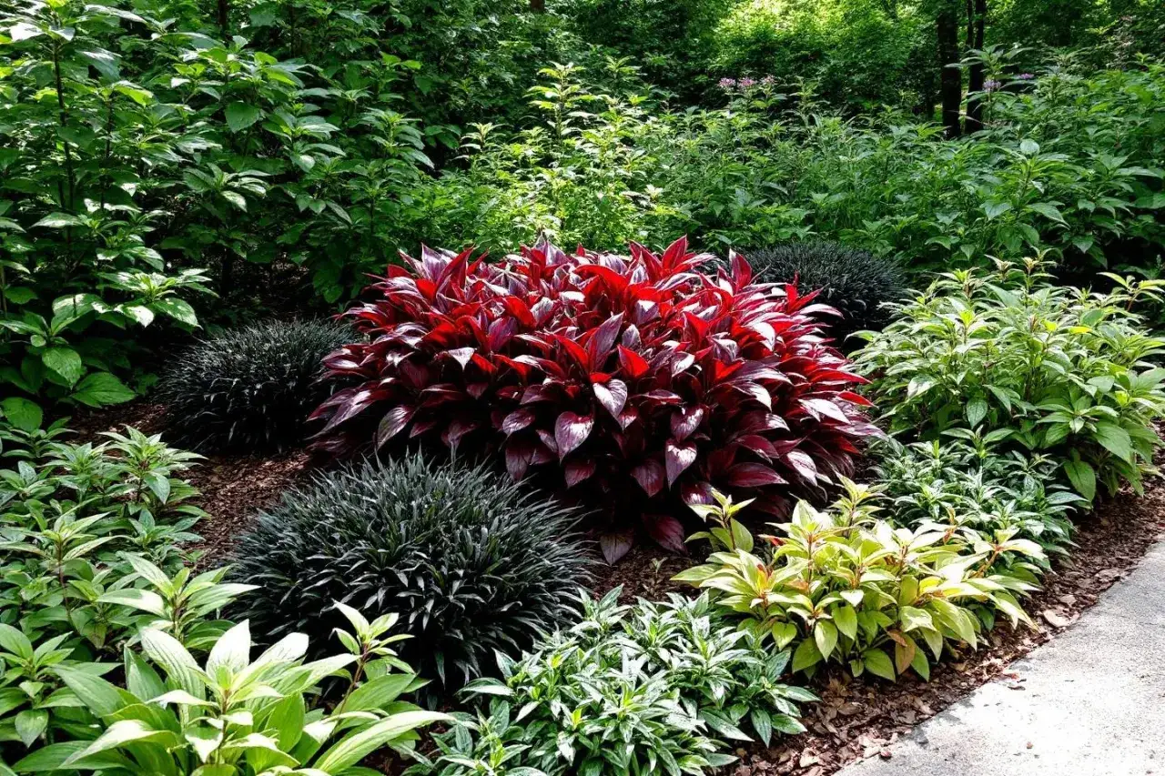 Un jardin luxuriant avec une plante rouge vif au centre, entourée de feuillages verts et sombres. Une parfaite plante extérieur ombre sans entretien.
