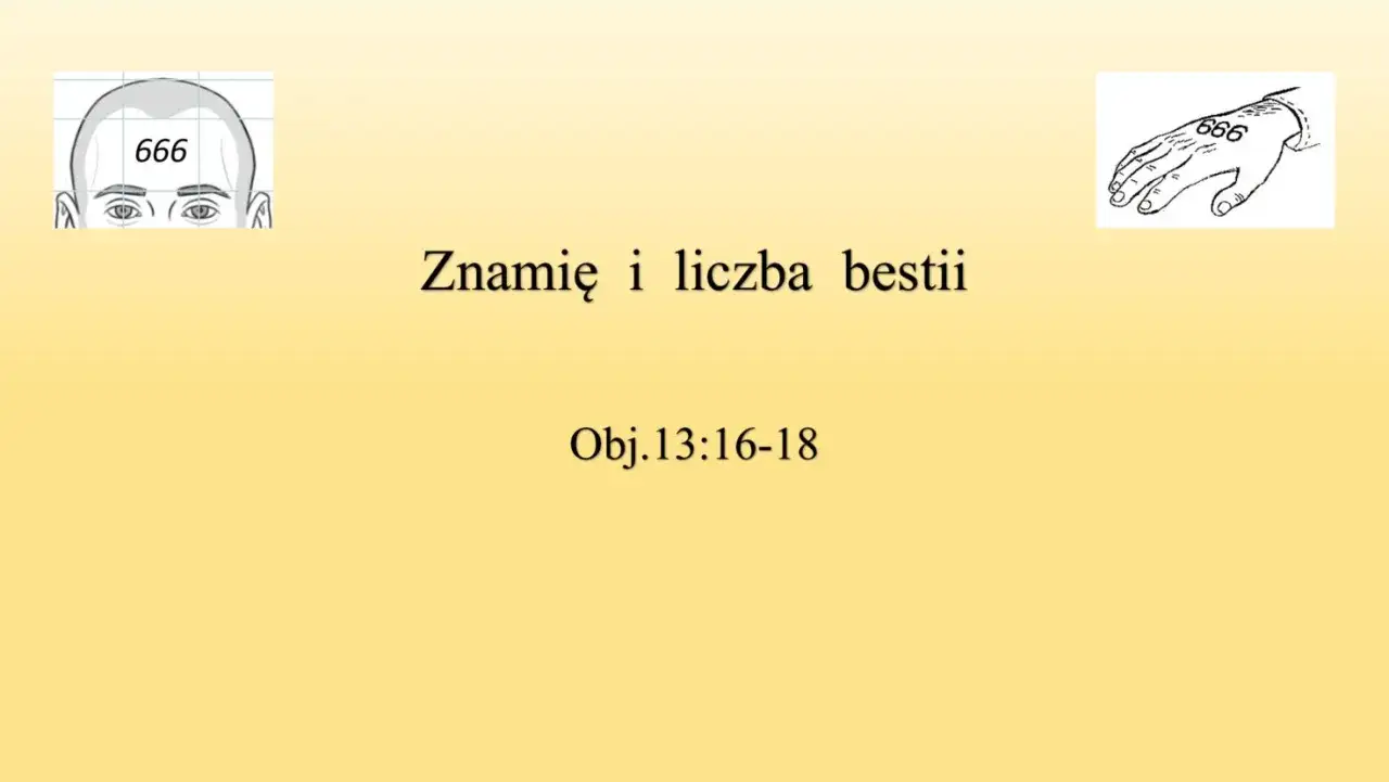 Grafika przedstawia głowę z numerem 666 na czole i dłoń z tym samym znakiem. Tekst głosi 