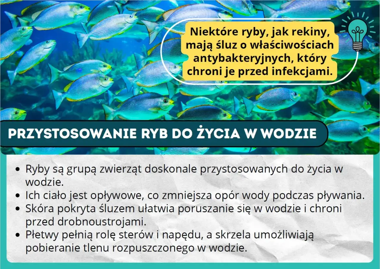 Przystosowanie ryb do życia w wodzie: opływowe ciało, śluz chroniący przed drobnoustrojami, płetwy i skrzela. Klasa 4.