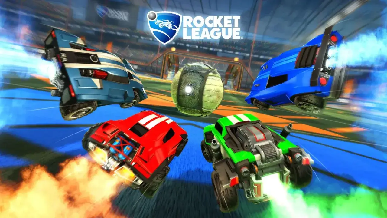Cztery kolorowe samochody ścigają się wokół piłki na arenie Rocket League. Dzięki **rocket league crossplay** możesz grać z przyjaciółmi niezależnie od platformy!