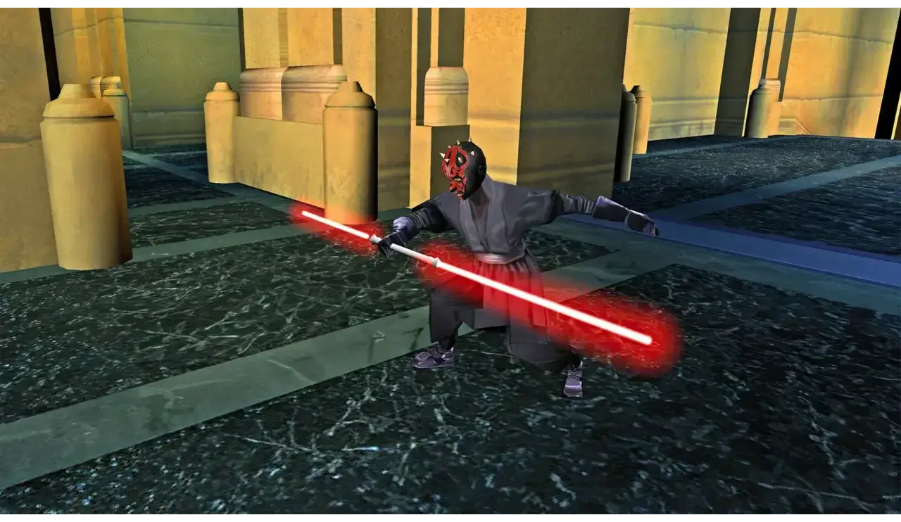 Darth Maul z podwójnym mieczem świetlnym w akcji, gotowy do walki w grze Star Wars Jedi Power Battles.