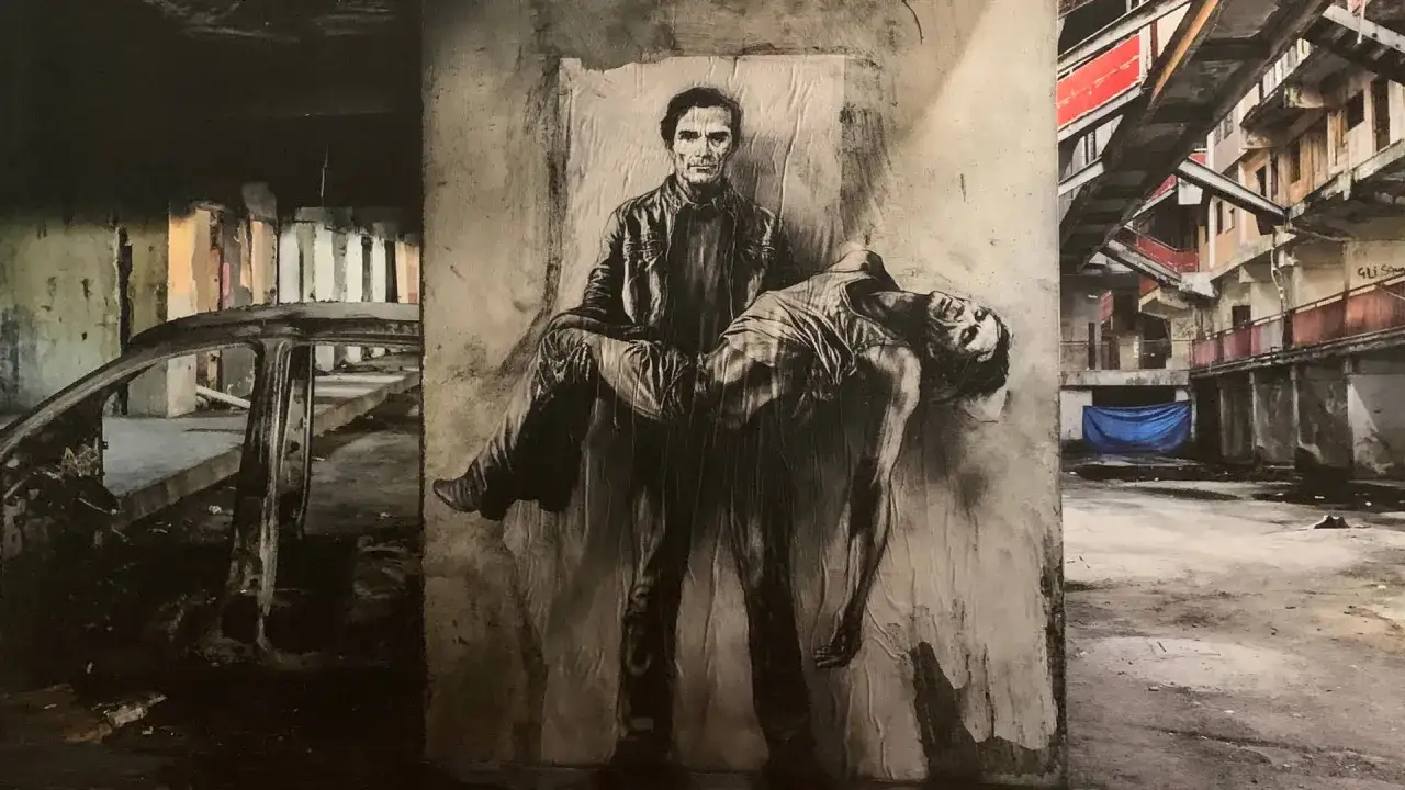 &OElig;uvre d'Ernest Pignon Ernest : un homme porte un autre corps inerte dans un d&eacute;cor urbain d&eacute;vast&eacute;, rappelant une sc&egrave;ne de Pieta.