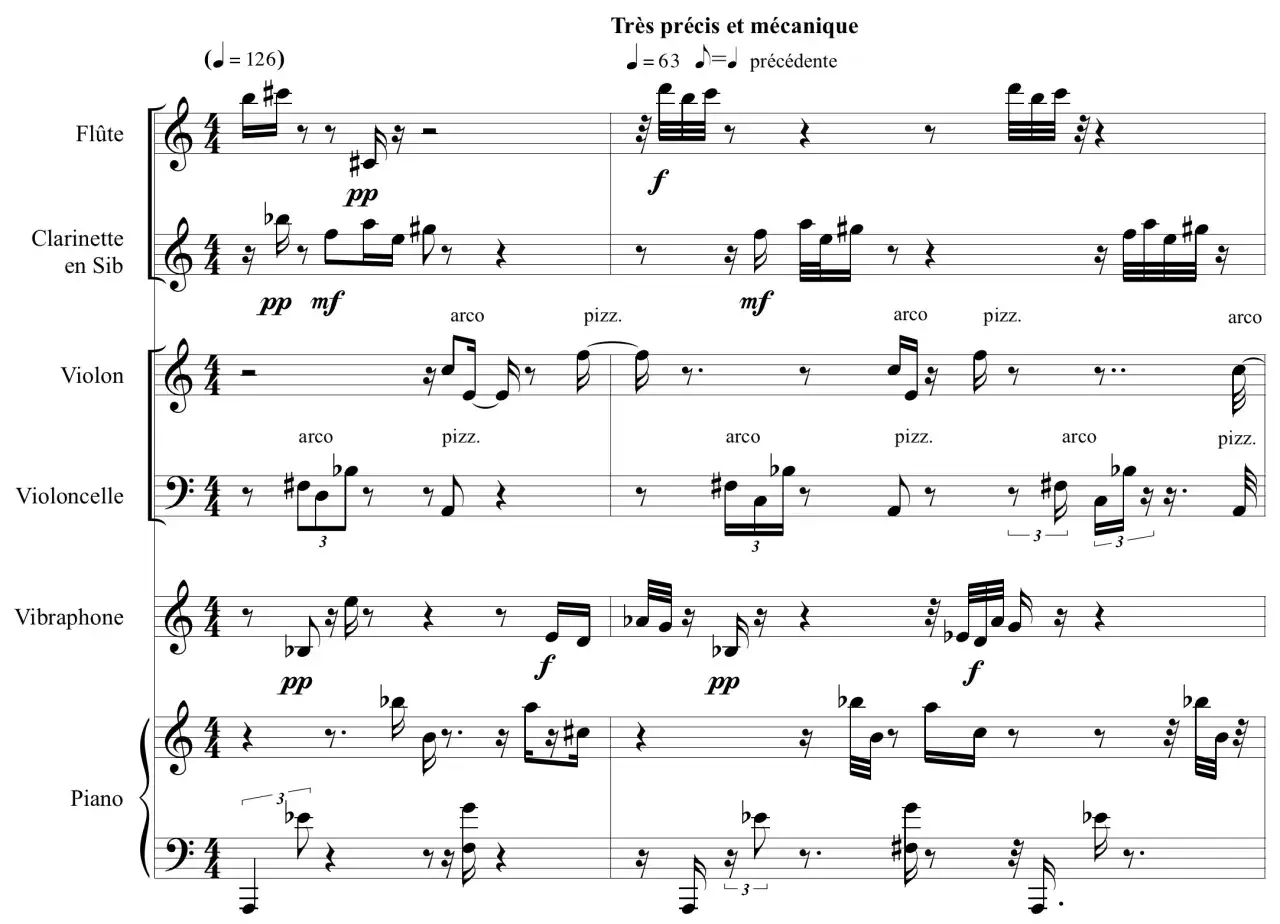 Partition musicale pour flûte, clarinette, violon, violoncelle, vibraphone et piano. Le tempo est indiqué 