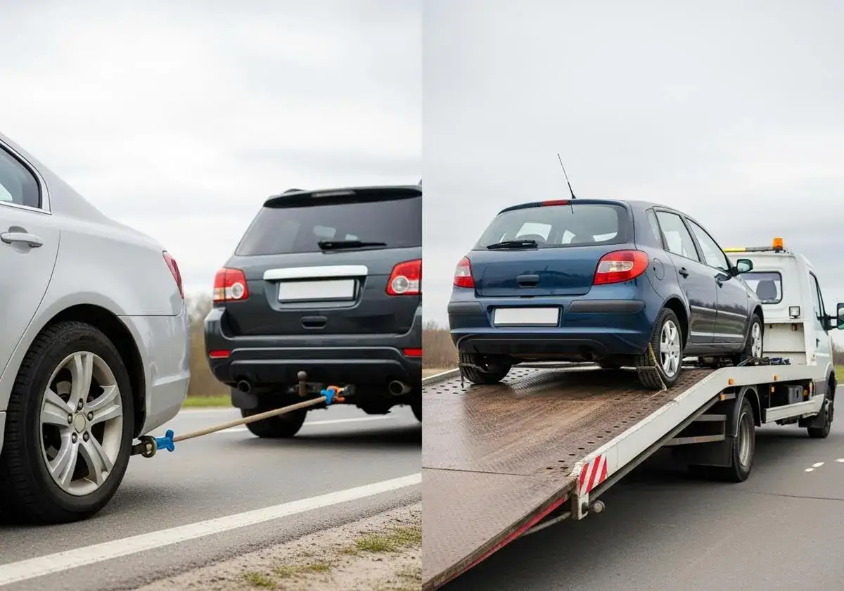 Dwa scenariusze holowania na drodze ekspresowej: auto holowane na lince i auto na lawecie.