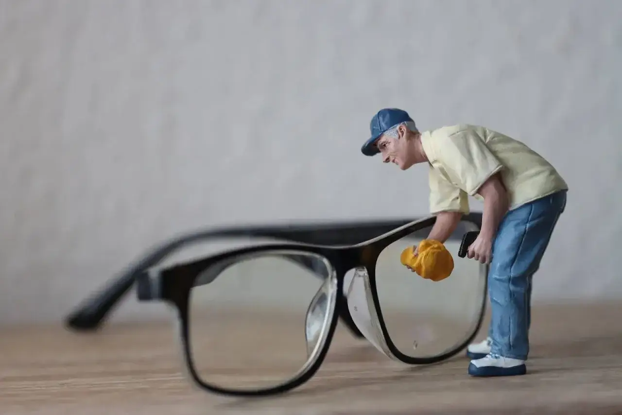 Figurka mężczyzny czyści okulary progresywne żółtą ściereczką. Warto wiedzieć, czym czyścić okulary progresywne, by służyły latami.