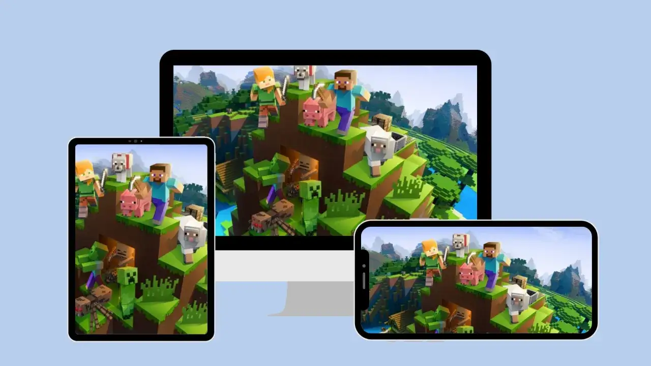 Postacie z Minecrafta na różnych ekranach, gotowe do wspólnej zabawy dzięki **minecraft cross play**.