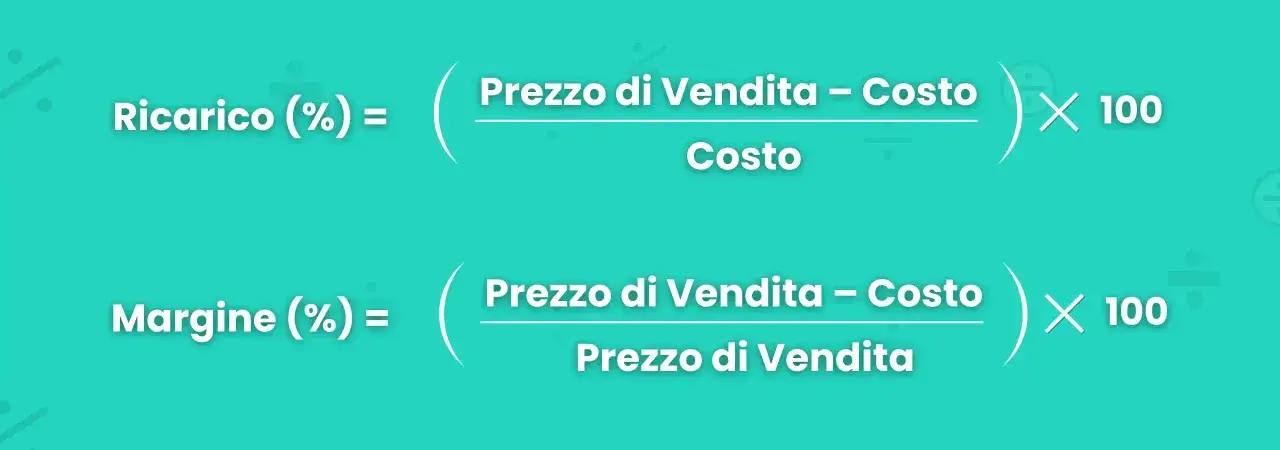 Formule per il calcolo ricarico percentuale e margine. Mostra come calcolare il guadagno su un prodotto.