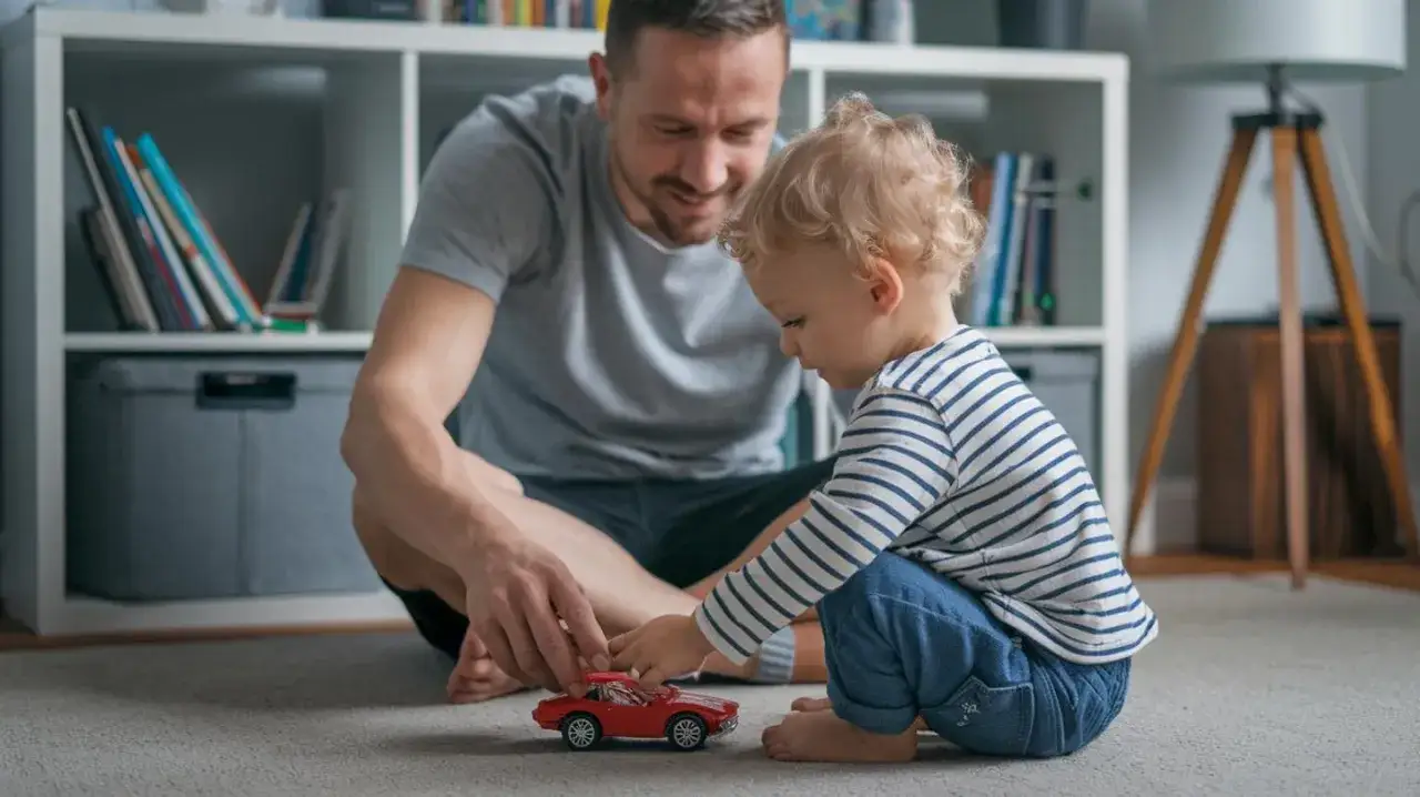 Tata na urlopie ojcowskim bawi się z synkiem czerwonym autkiem na dywanie.