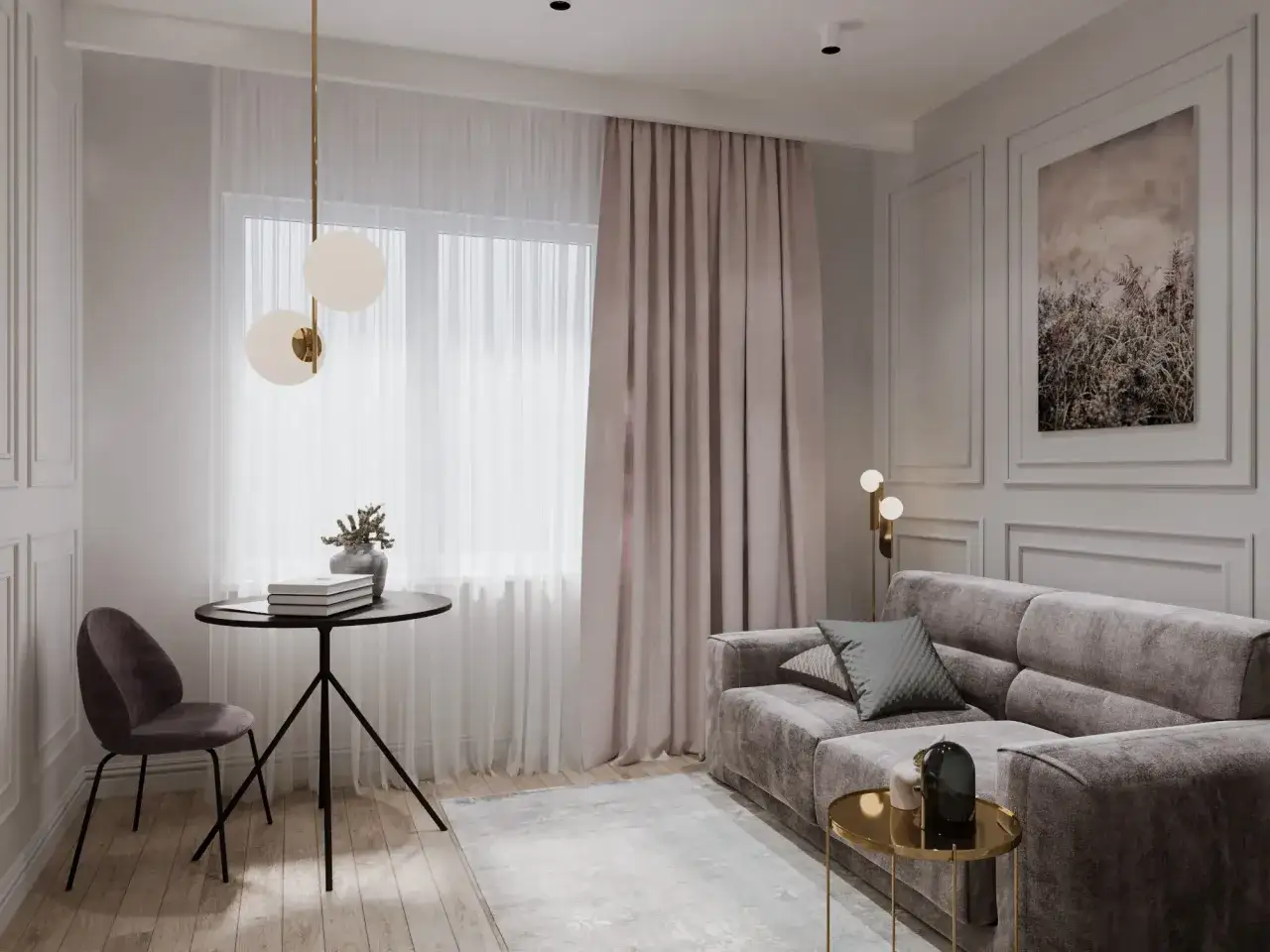 Elegancki salon z szarą sofą, złotymi dodatkami i dyskretną blendą przy suficie, tworzącą nastrojowe oświetlenie.