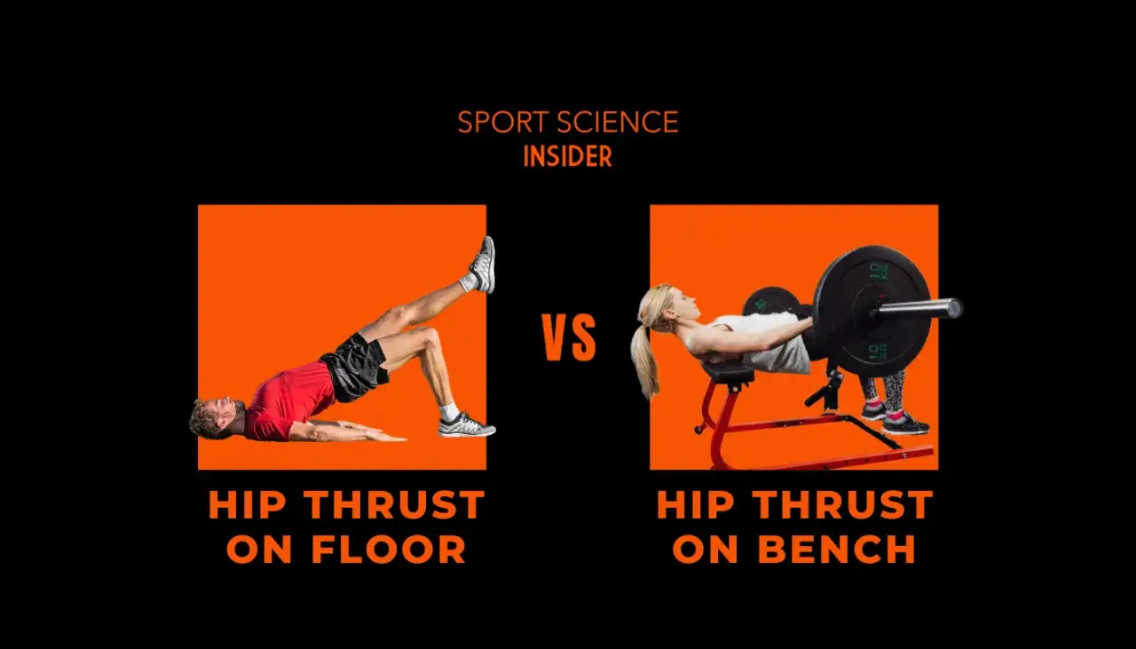 Mann macht Hip Thrust auf dem Boden, Frau macht Hip Thrust auf einer Bank mit Langhantel.