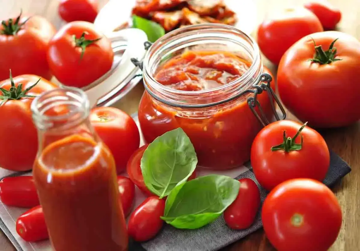 Frische Tomaten und hausgemachter Ketchup ohne Zucker in einem Glas. Ein Genuss für alle, die Wert auf natürliche Zutaten legen.