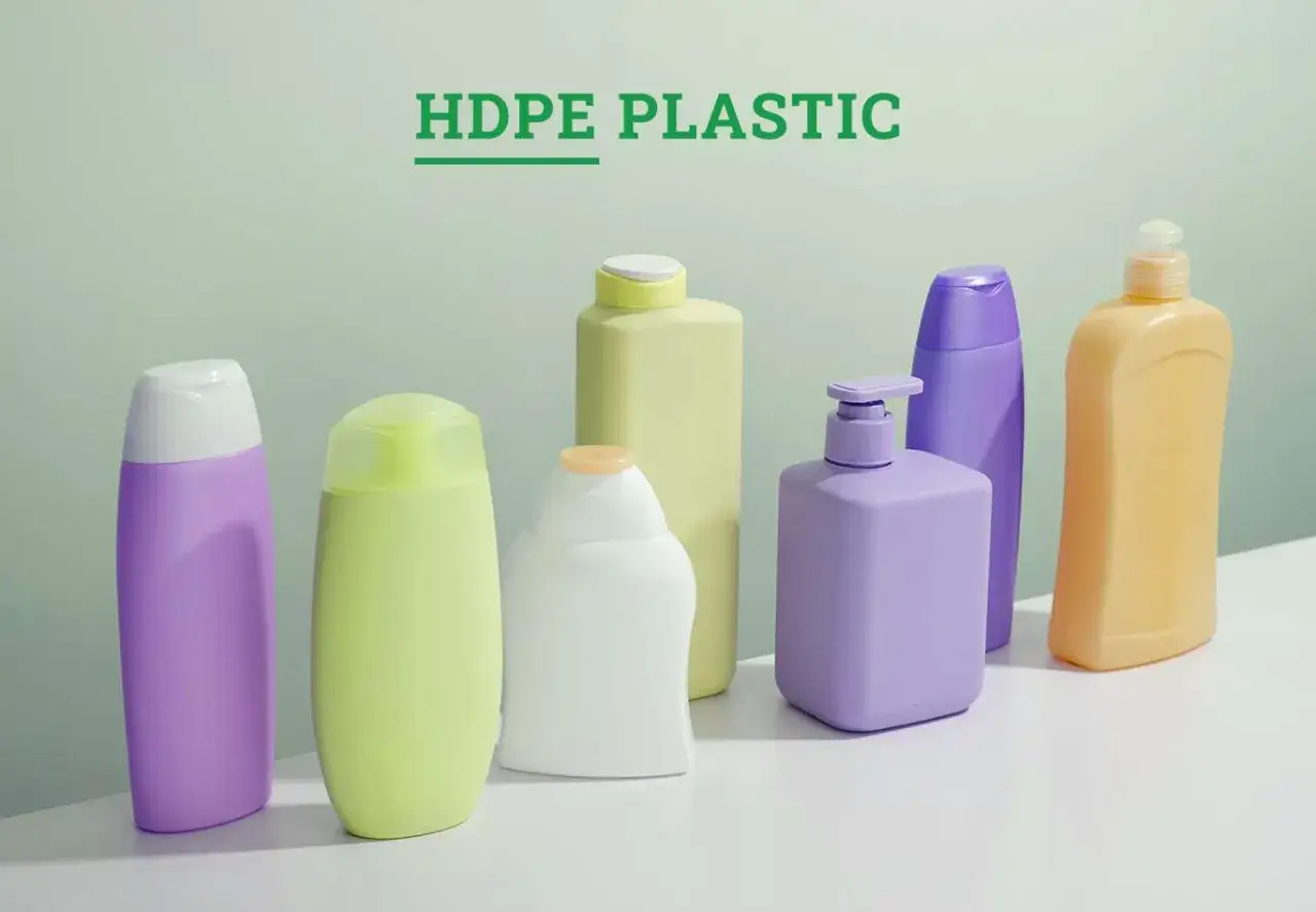 Assortment of colorful bottles, including purple, green, white, and yellow, made from durable HDPE plastic, ready for your favorite products.